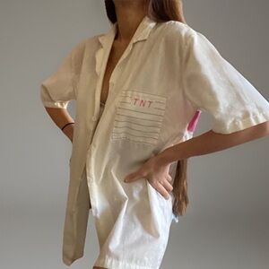 Vintage White Explosive Print Button Collar Shirt S-M